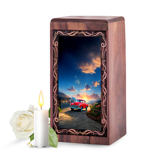 Sunset Village Wooden Cremation Urn – Classic Red Car Wood Urn For Human Ashes