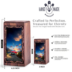 Sunset Village Wooden Cremation Urn – Classic Red Car Wood Urn For Human Ashes