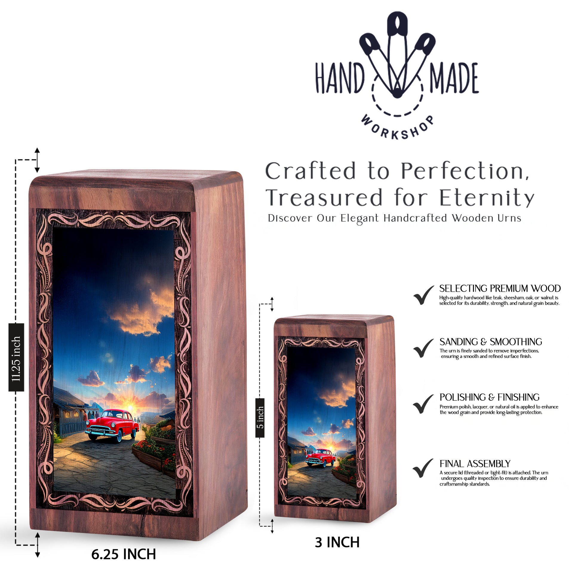 Sunset Village Wooden Cremation Urn – Classic Red Car Wood Urn For Human Ashes