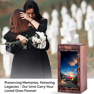 Sunset Village Wooden Cremation Urn – Classic Red Car Wood Urn For Human Ashes