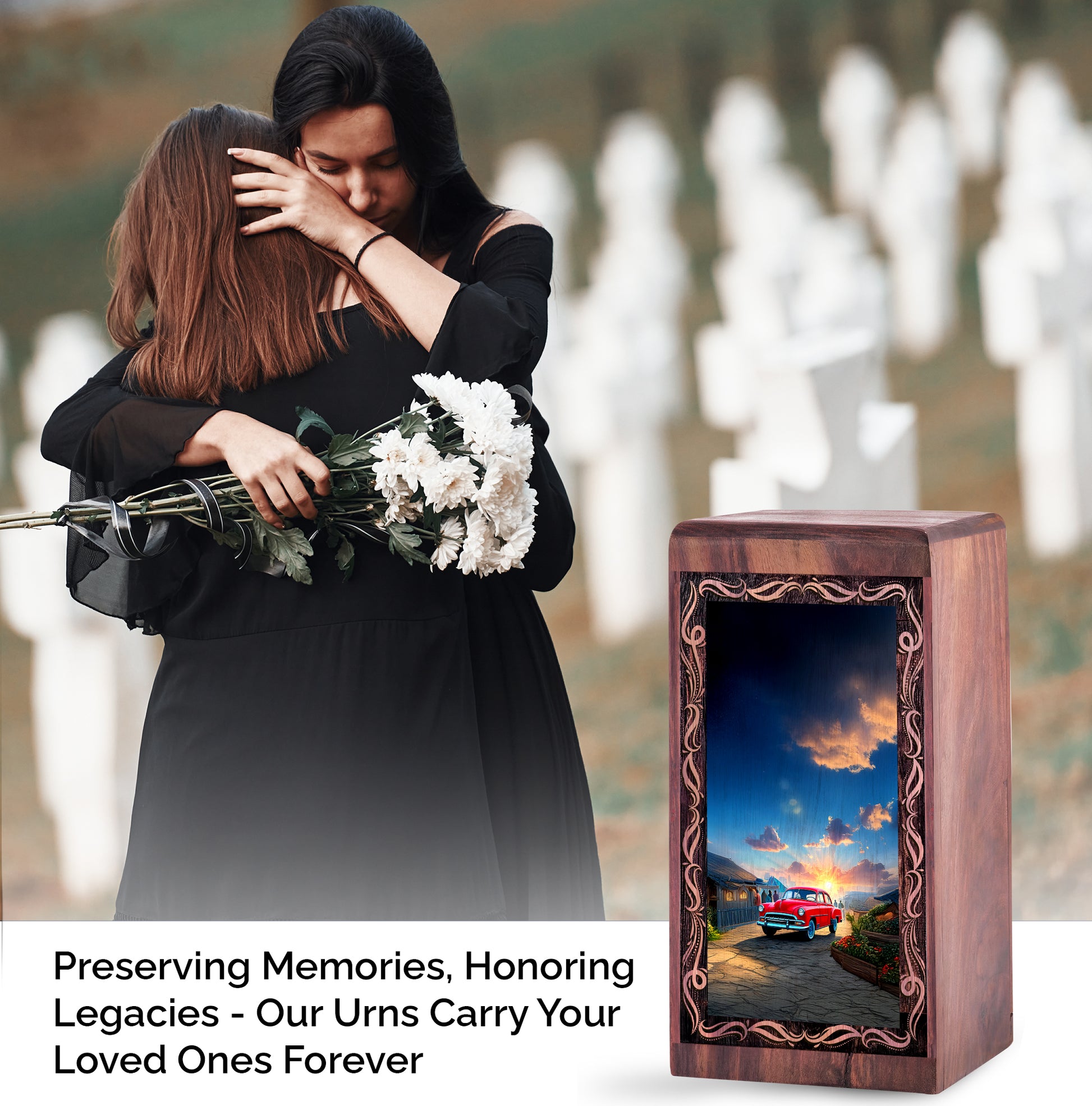Sunset Village Wooden Cremation Urn – Classic Red Car Wood Urn For Human Ashes