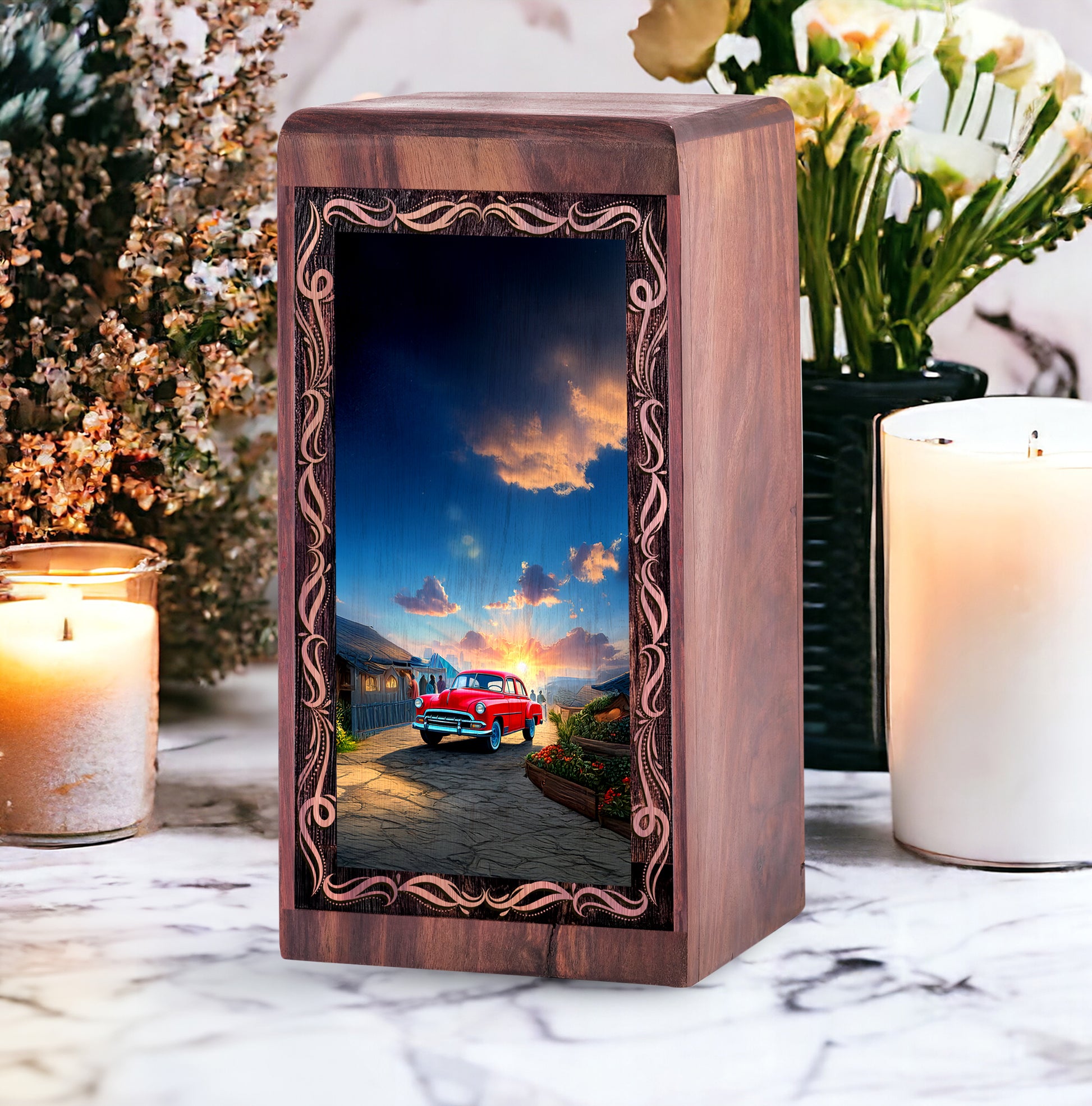 Sunset Village Wooden Cremation Urn – Classic Red Car Wood Urn For Human Ashes