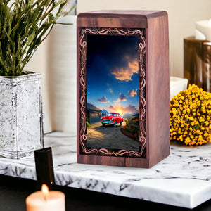 Sunset Village Wooden Cremation Urn – Classic Red Car Wood Urn For Human Ashes