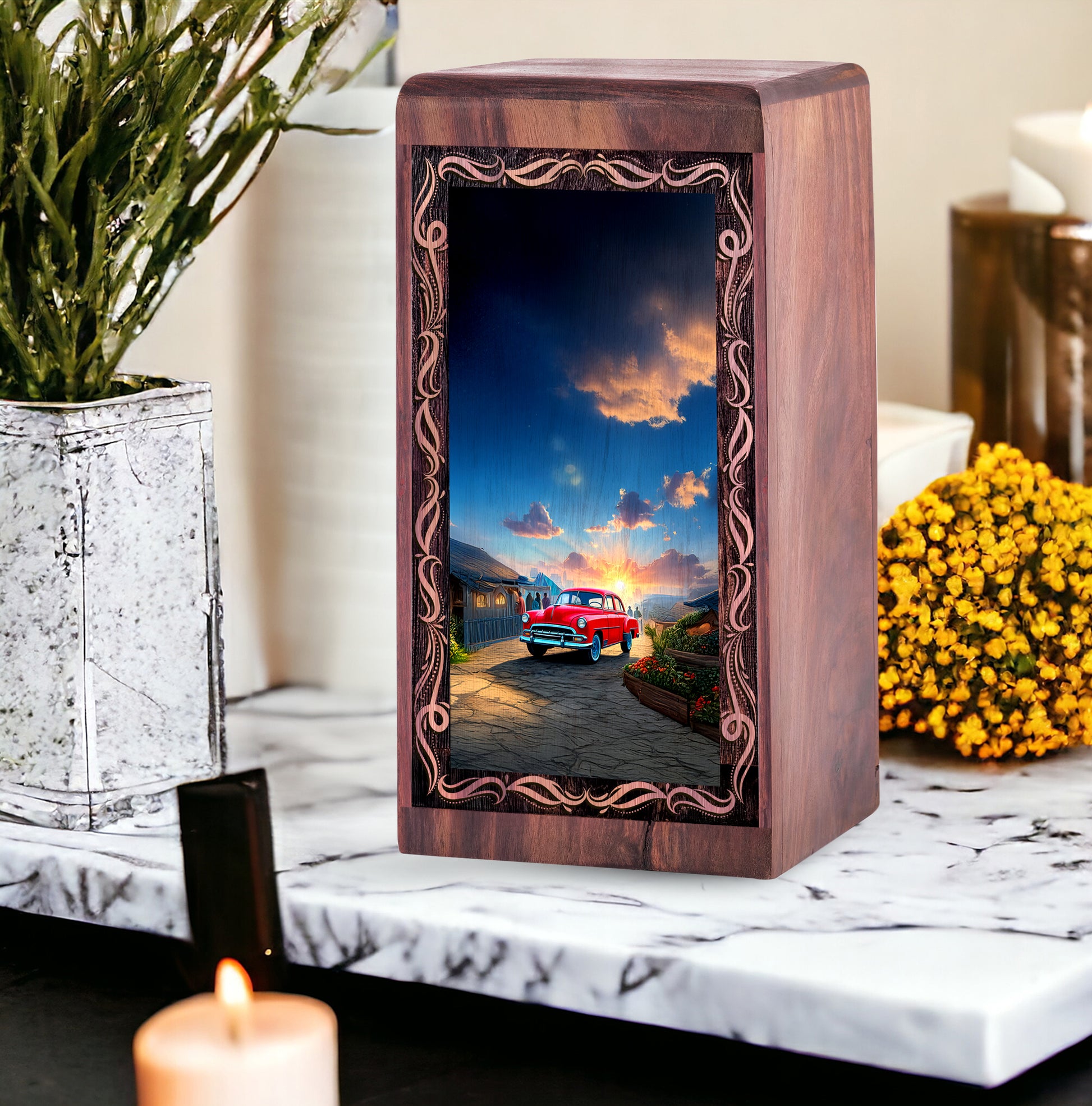 Sunset Village Wooden Cremation Urn – Classic Red Car Wood Urn For Human Ashes