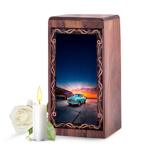 Sunset City Car Funeral Urn – Vintage Blue Car Handmade Wooden Urn For Mom & Dad