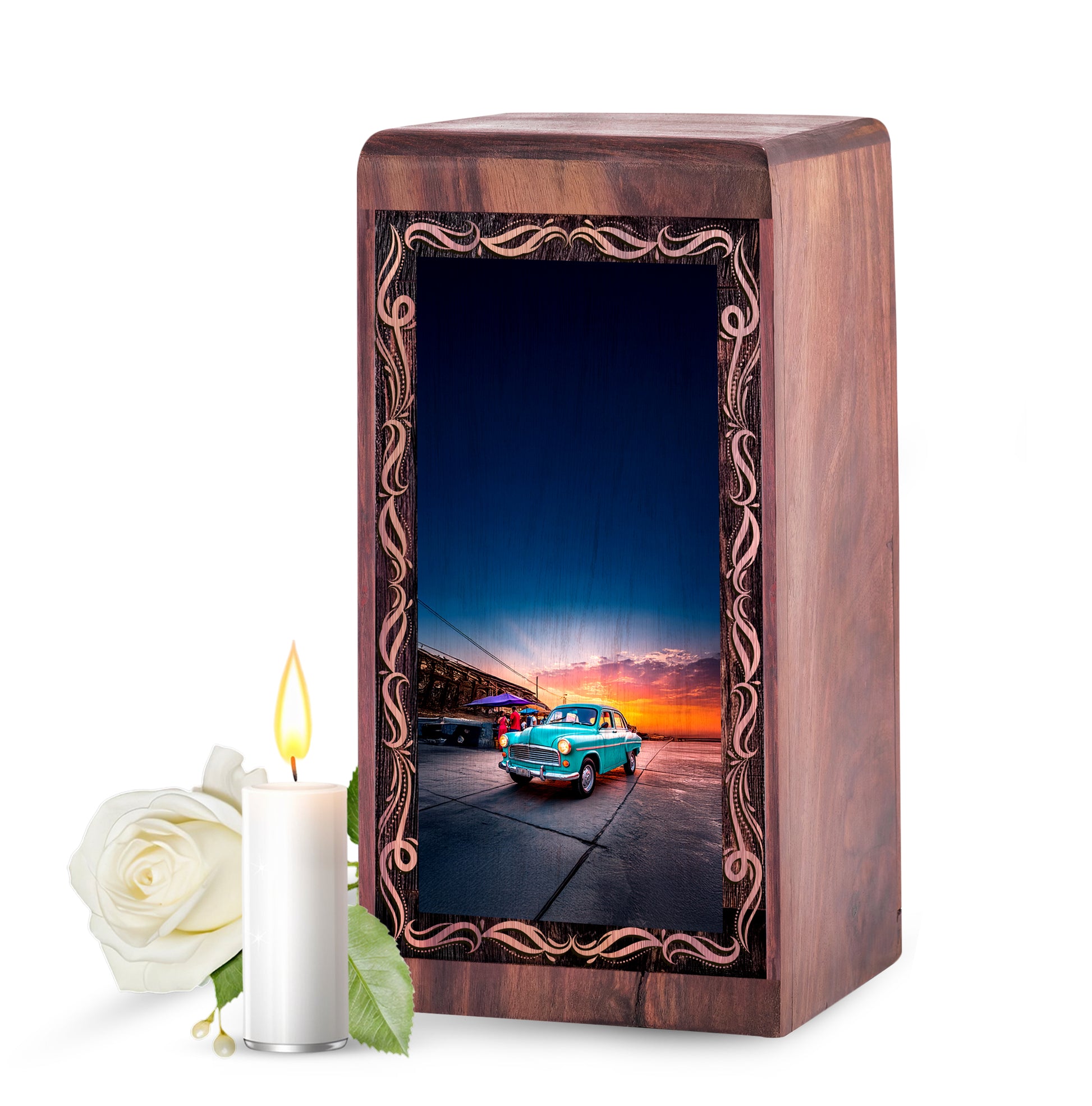 Sunset City Car Funeral Urn – Vintage Blue Car Handmade Wooden Urn For Mom & Dad