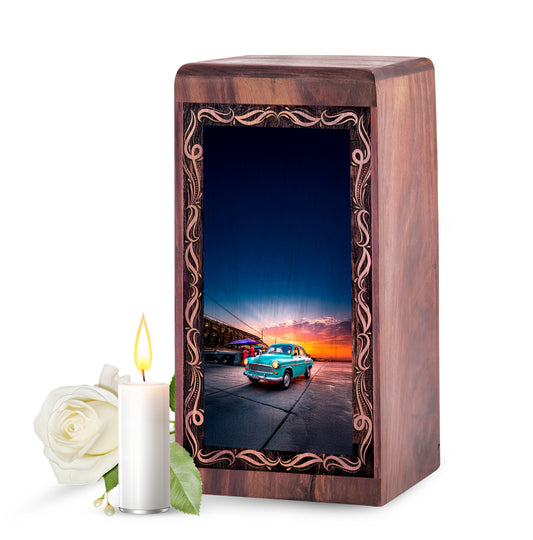 Sunset City Car Funeral Urn – Vintage Blue Car Handmade Wooden Urn For Mom & Dad