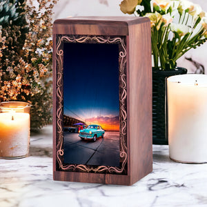 Sunset City Car Funeral Urn – Vintage Blue Car Handmade Wooden Urn For Mom & Dad