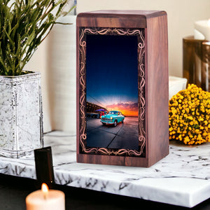 Sunset City Car Funeral Urn – Vintage Blue Car Handmade Wooden Urn For Mom & Dad