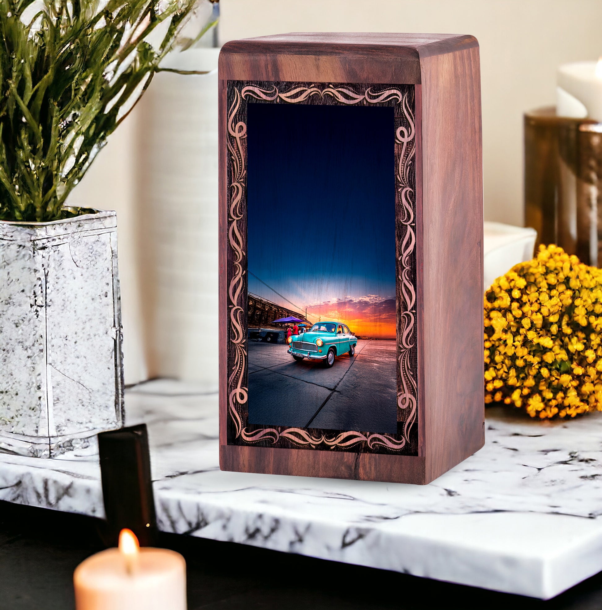 Sunset City Car Funeral Urn – Vintage Blue Car Handmade Wooden Urn For Mom & Dad