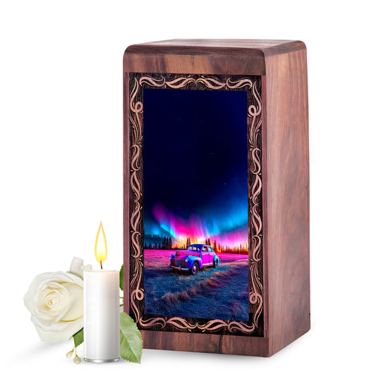 Car Colorful Night Sky Wooden Urn – Decorative Wood Memorial Box For Human Ashes