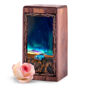 Car Starry Night Memorial Urn For Burial - Landscape Theme Wooden Keepsake Box For Men