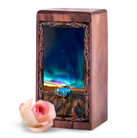 Car Starry Night Memorial Urn For Burial - Landscape Theme Wooden Keepsake Box For Men