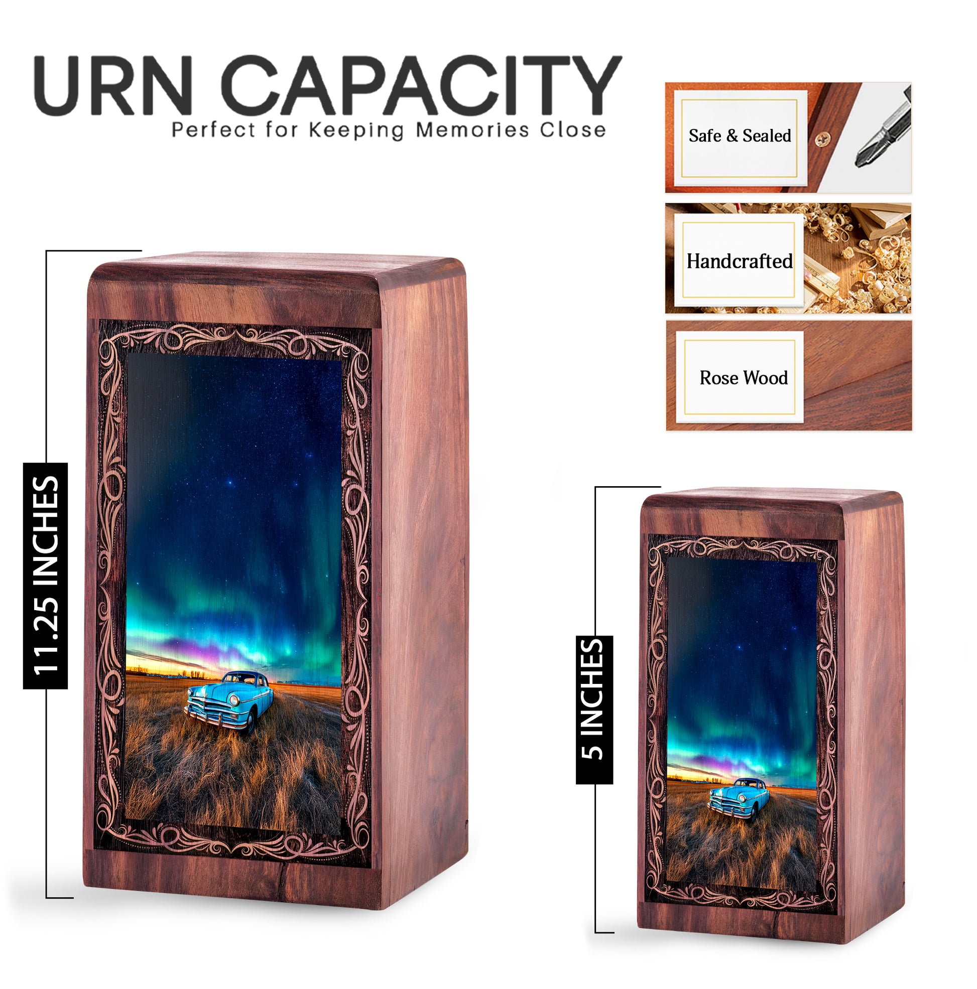 Car Starry Night Memorial Urn For Burial - Landscape Theme Wooden Keepsake Box For Men