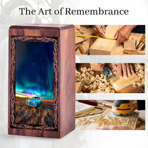 Car Starry Night Memorial Urn For Burial - Landscape Theme Wooden Keepsake Box For Men
