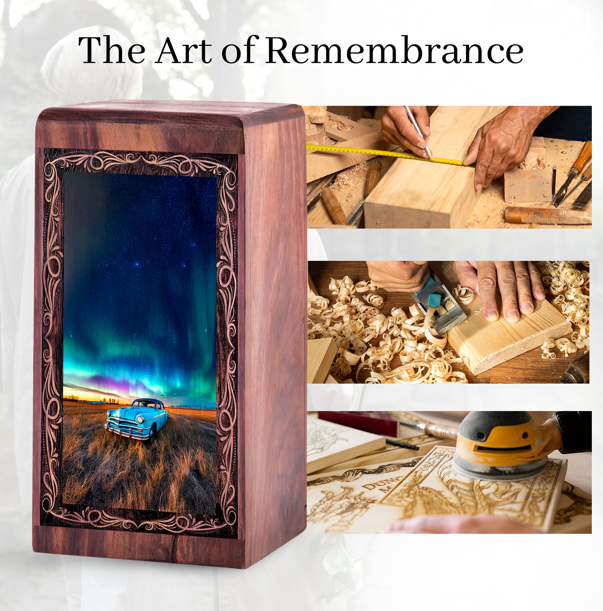 Car Starry Night Memorial Urn For Burial - Landscape Theme Wooden Keepsake Box For Men