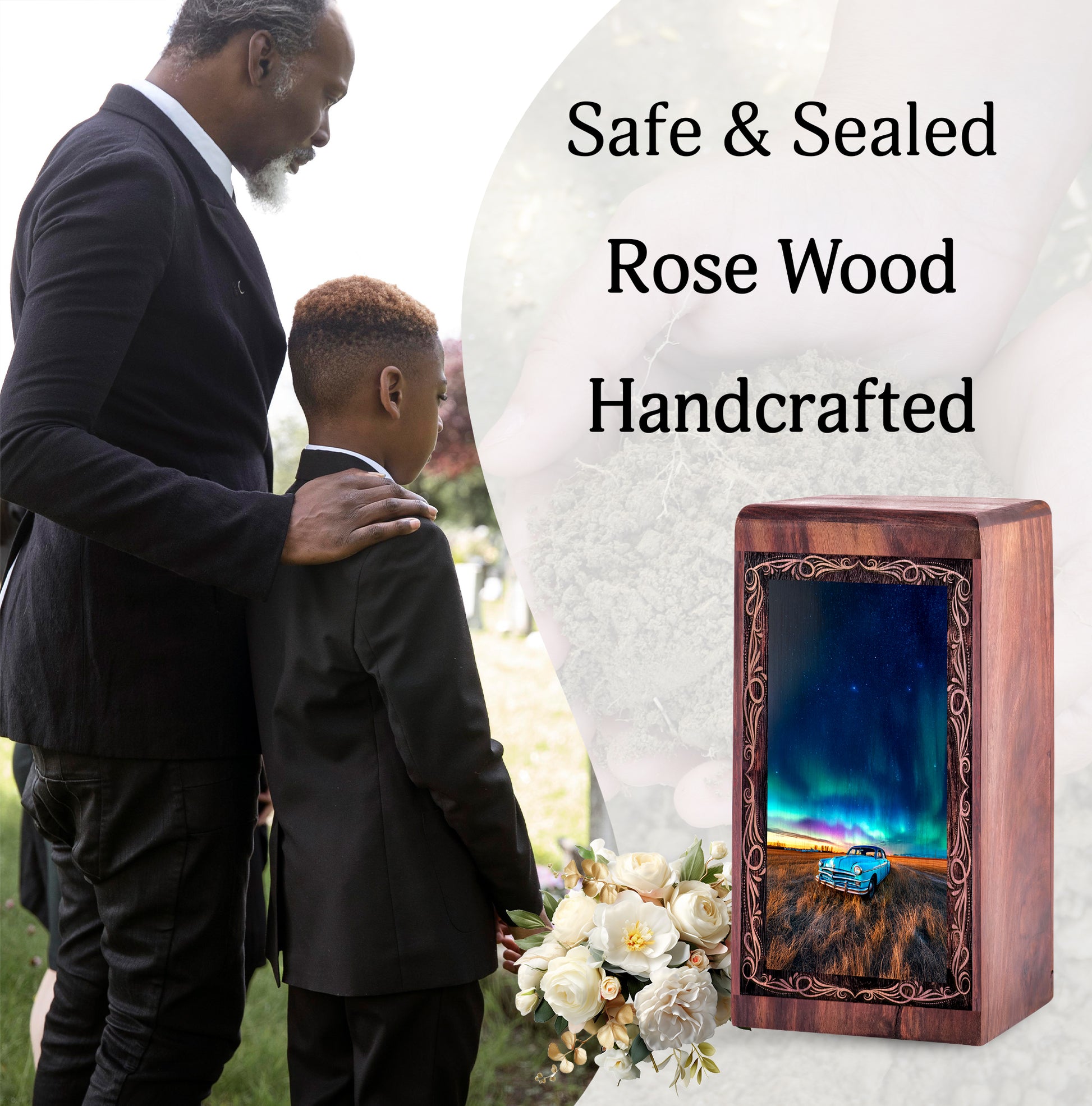 Car Starry Night Memorial Urn For Burial - Landscape Theme Wooden Keepsake Box For Men