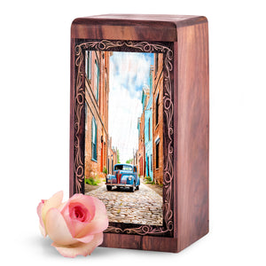 Rustic City Car Cremation Urn For Ashes - Old Town City Wooden Urn For Ashes