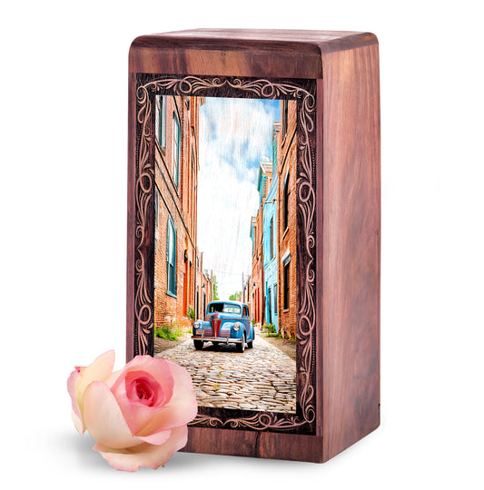 Rustic City Car Cremation Urn For Ashes - Old Town City Wooden Urn For Ashes