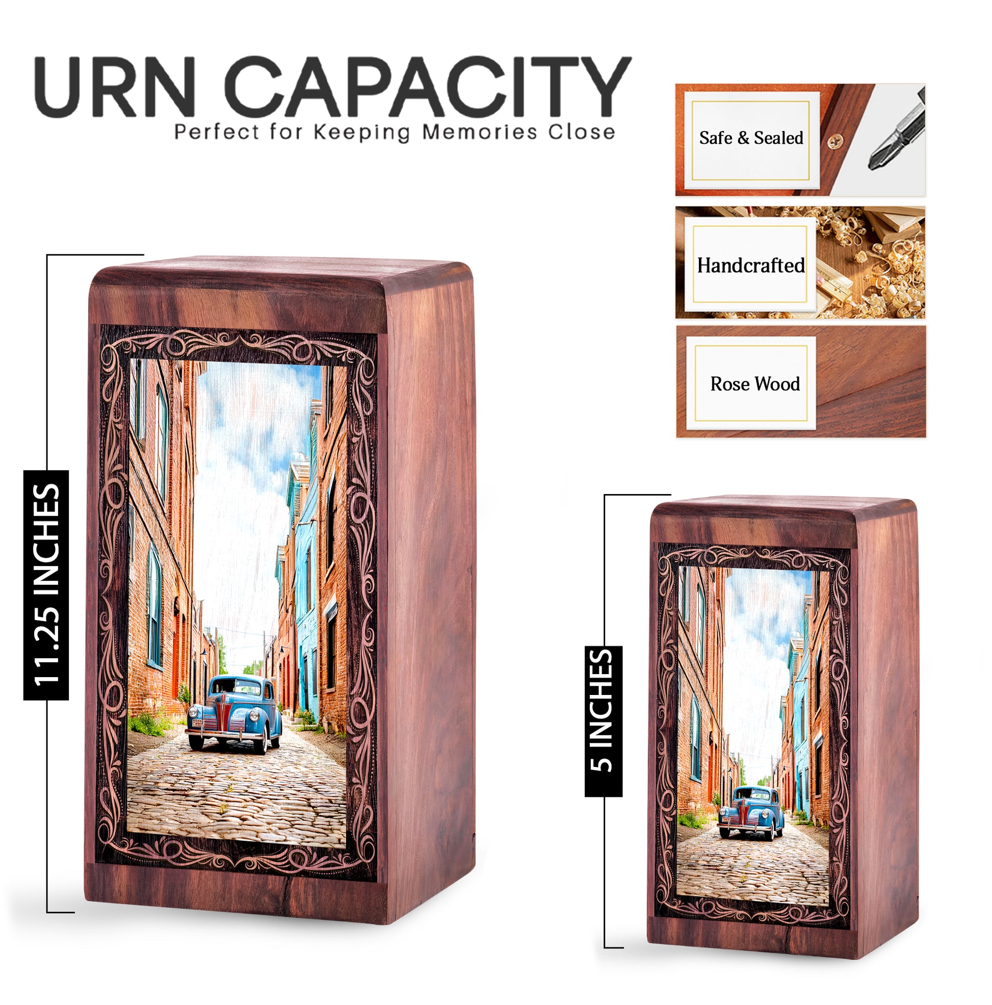 Rustic City Car Cremation Urn For Ashes - Old Town City Wooden Urn For Ashes