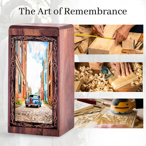 Rustic City Car Cremation Urn For Ashes - Old Town City Wooden Urn For Ashes