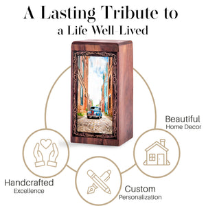 Rustic City Car Cremation Urn For Ashes - Old Town City Wooden Urn For Ashes