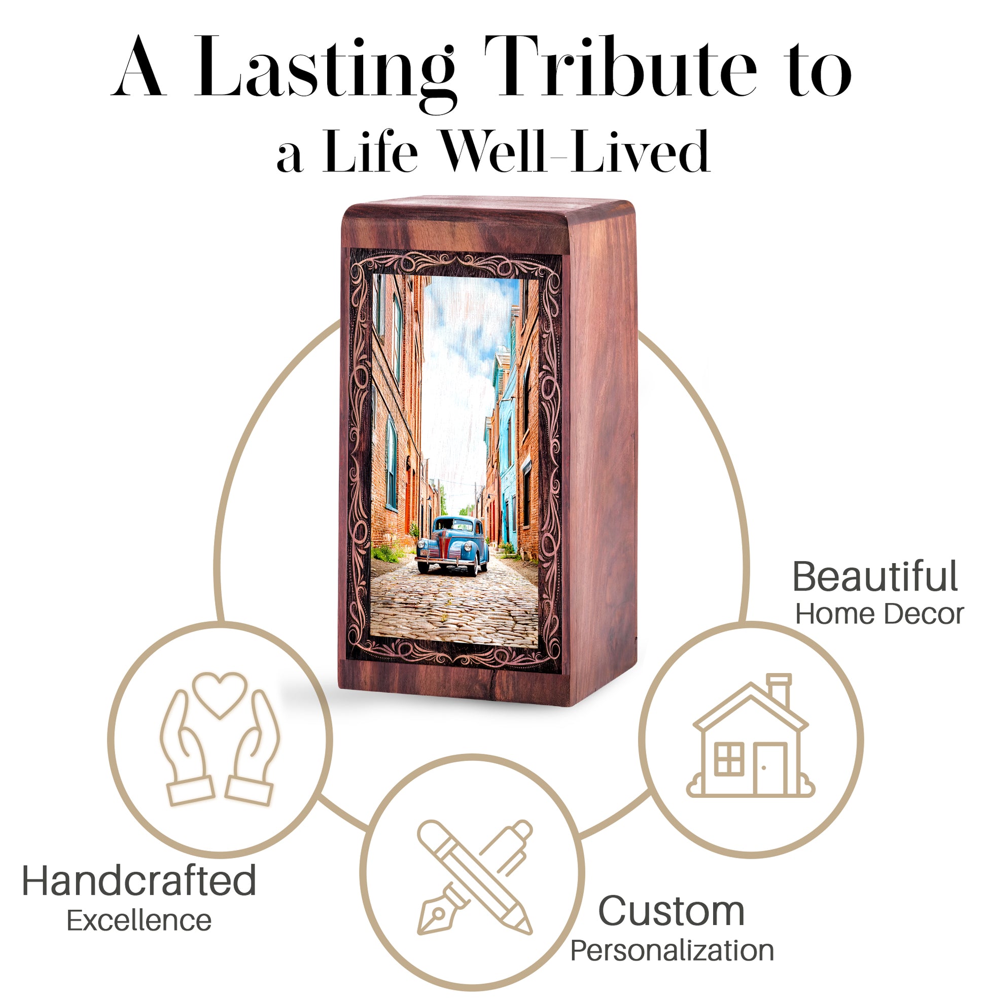 Rustic City Car Cremation Urn For Ashes - Old Town City Wooden Urn For Ashes