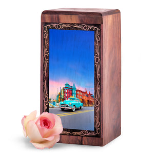Urban Sunset Car Theme Cremation Urn For Burial - Decorative Wooden Memorial Ash Urn