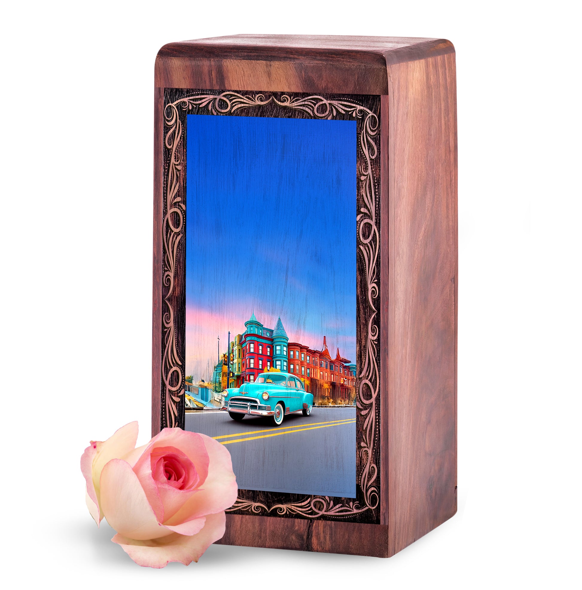 Urban Sunset Car Theme Cremation Urn For Burial - Decorative Wooden Memorial Ash Urn