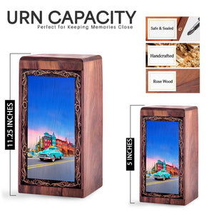 Urban Sunset Car Theme Cremation Urn For Burial - Decorative Wooden Memorial Ash Urn
