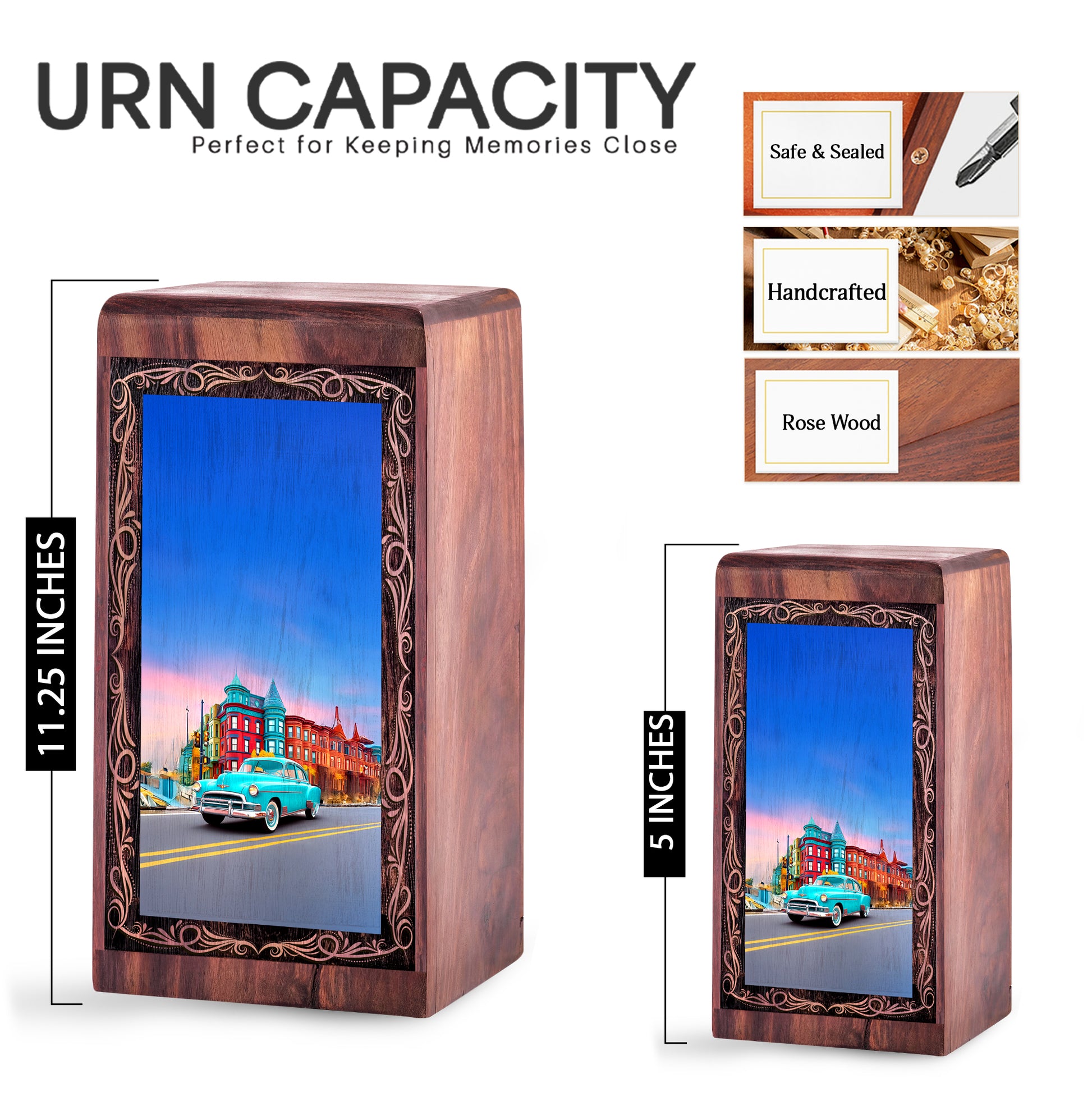 Urban Sunset Car Theme Cremation Urn For Burial - Decorative Wooden Memorial Ash Urn