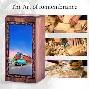 Urban Sunset Car Theme Cremation Urn For Burial - Decorative Wooden Memorial Ash Urn
