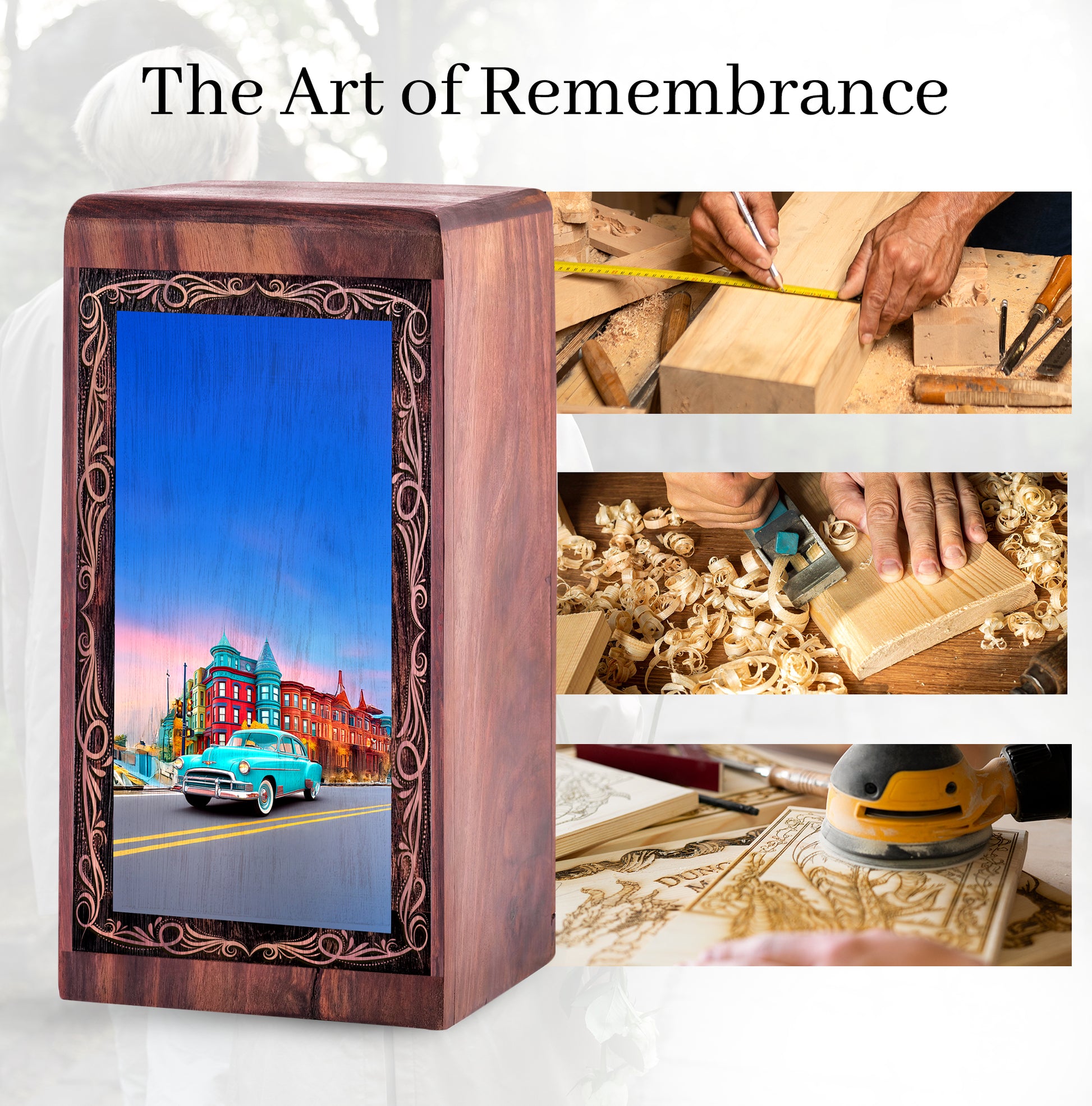 Urban Sunset Car Theme Cremation Urn For Burial - Decorative Wooden Memorial Ash Urn