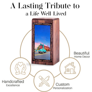 Urban Sunset Car Theme Cremation Urn For Burial - Decorative Wooden Memorial Ash Urn