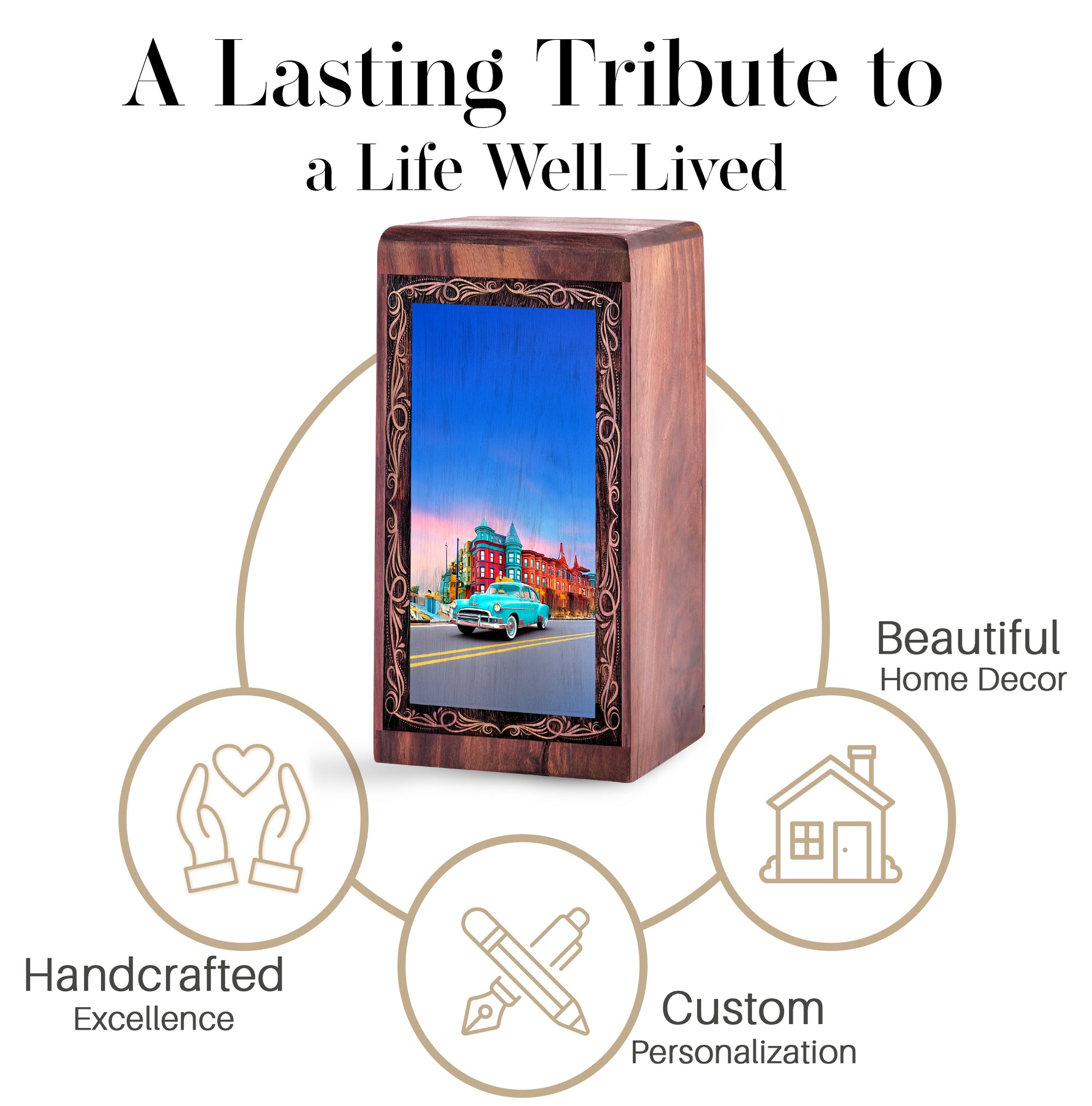 Urban Sunset Car Theme Cremation Urn For Burial - Decorative Wooden Memorial Ash Urn