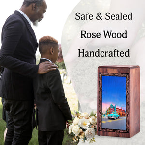 Urban Sunset Car Theme Cremation Urn For Burial - Decorative Wooden Memorial Ash Urn