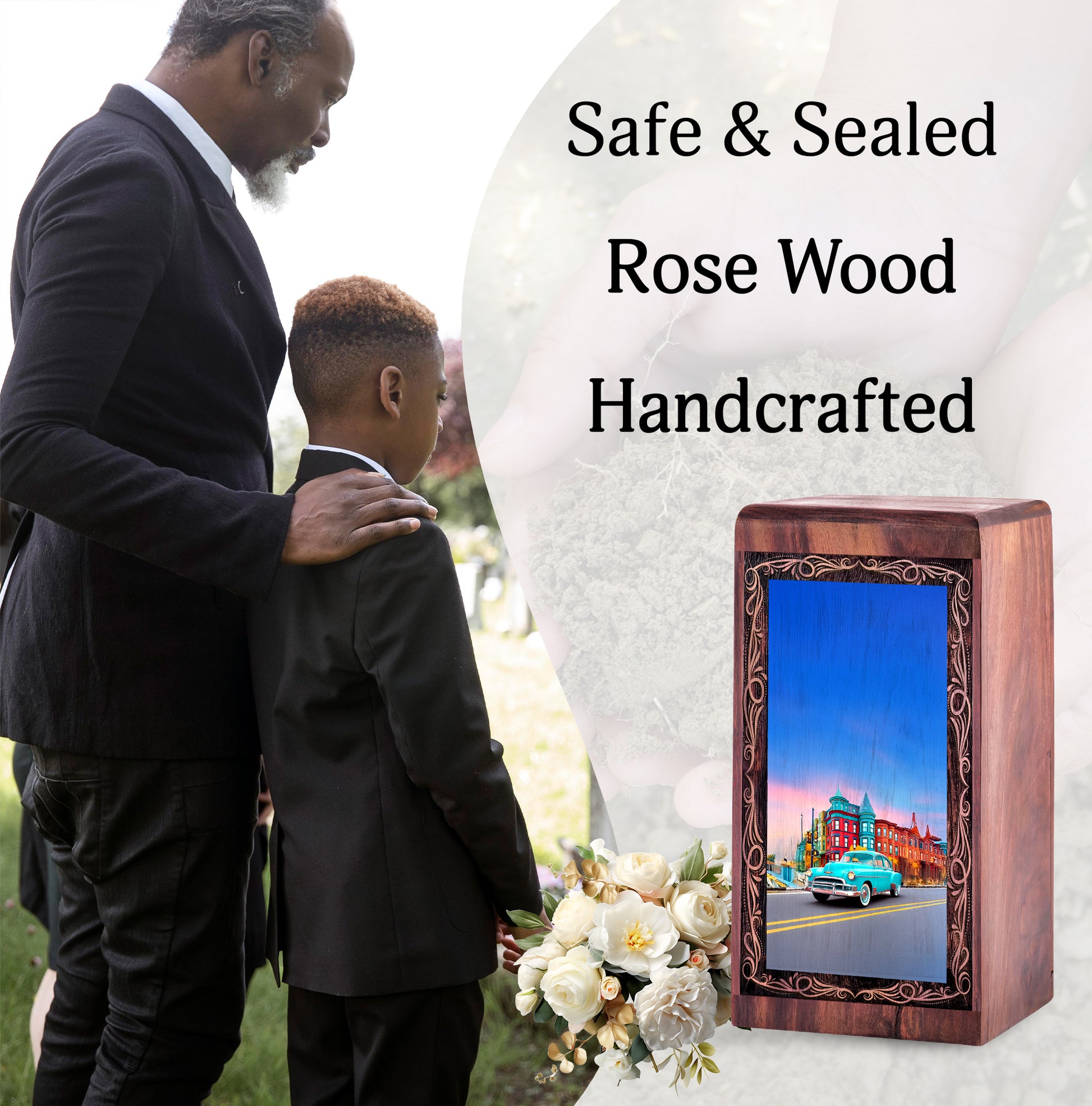 Urban Sunset Car Theme Cremation Urn For Burial - Decorative Wooden Memorial Ash Urn