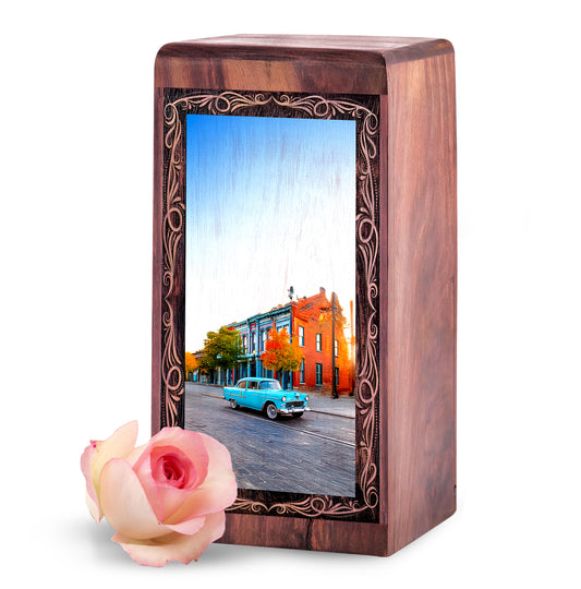 Car Historic City Funeral Urn – Handmade Wood Cremation Urn For Mom