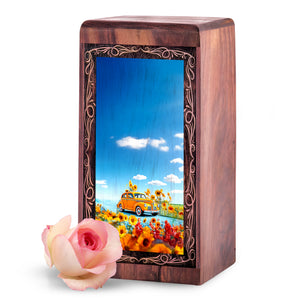 Sunflower Landscape Wooden Ash Urn – Classic Car Memorial Wood Urn For Adults
