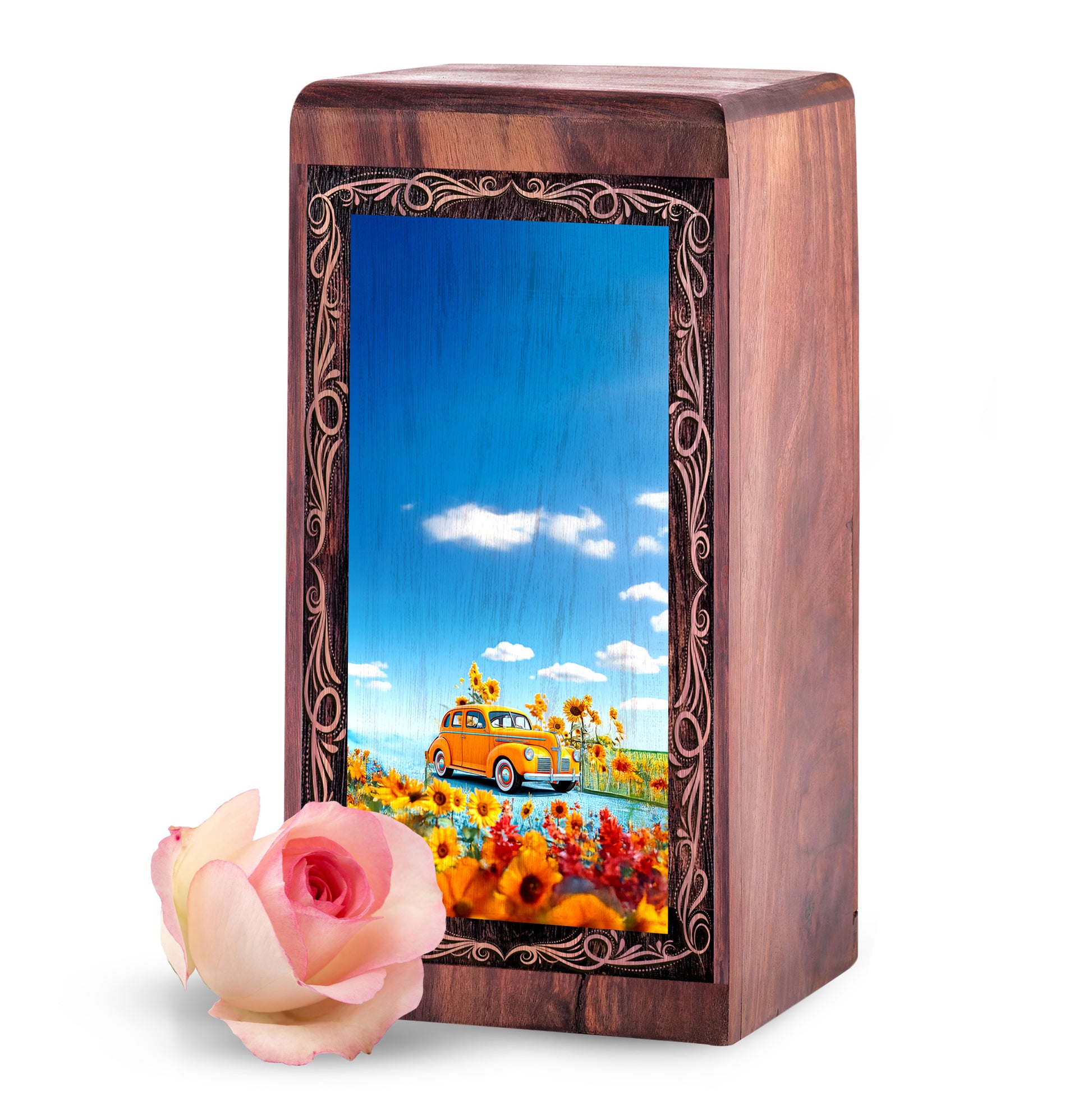 Sunflower Landscape Wooden Ash Urn – Classic Car Memorial Wood Urn For Adults