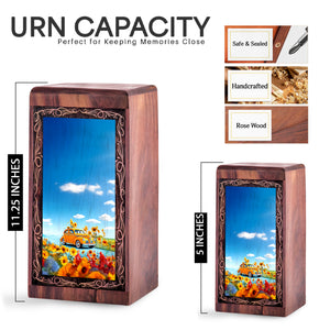 Sunflower Landscape Wooden Ash Urn – Classic Car Memorial Wood Urn For Adults