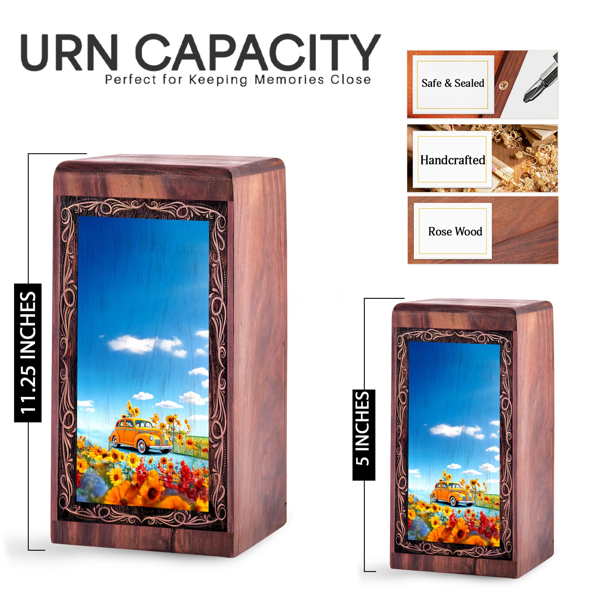 Sunflower Landscape Wooden Ash Urn – Classic Car Memorial Wood Urn For Adults