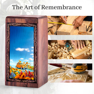 Sunflower Landscape Wooden Ash Urn – Classic Car Memorial Wood Urn For Adults