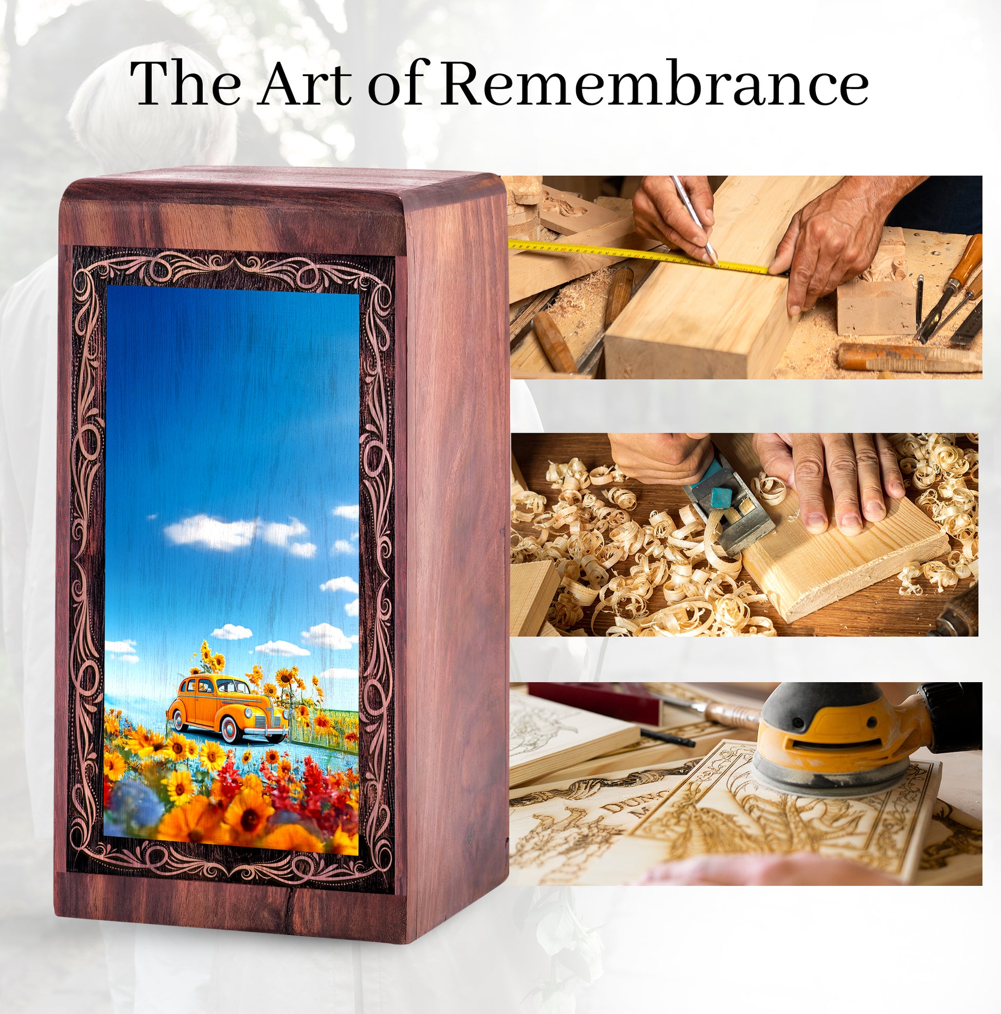 Sunflower Landscape Wooden Ash Urn – Classic Car Memorial Wood Urn For Adults