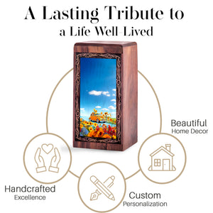 Sunflower Landscape Wooden Ash Urn – Classic Car Memorial Wood Urn For Adults