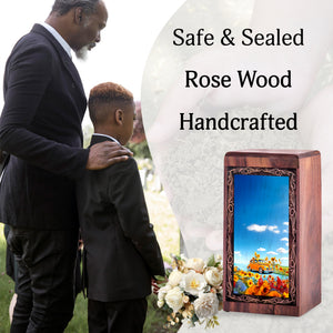 Sunflower Landscape Wooden Ash Urn – Classic Car Memorial Wood Urn For Adults