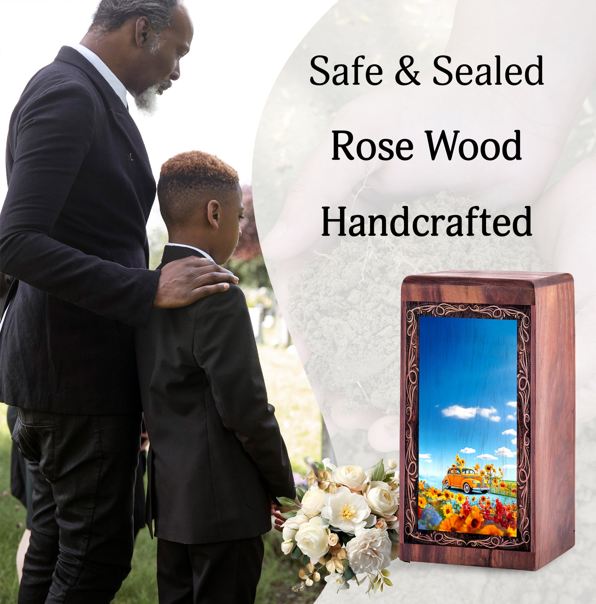 Sunflower Landscape Wooden Ash Urn – Classic Car Memorial Wood Urn For Adults