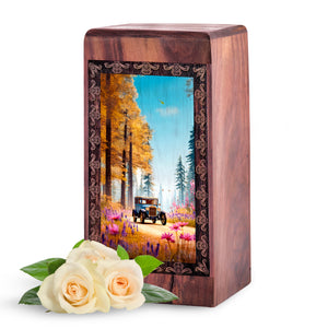 Classic Car Memorial Urn For Ashes - Forest Theme Wooden Cremation Urn For Male