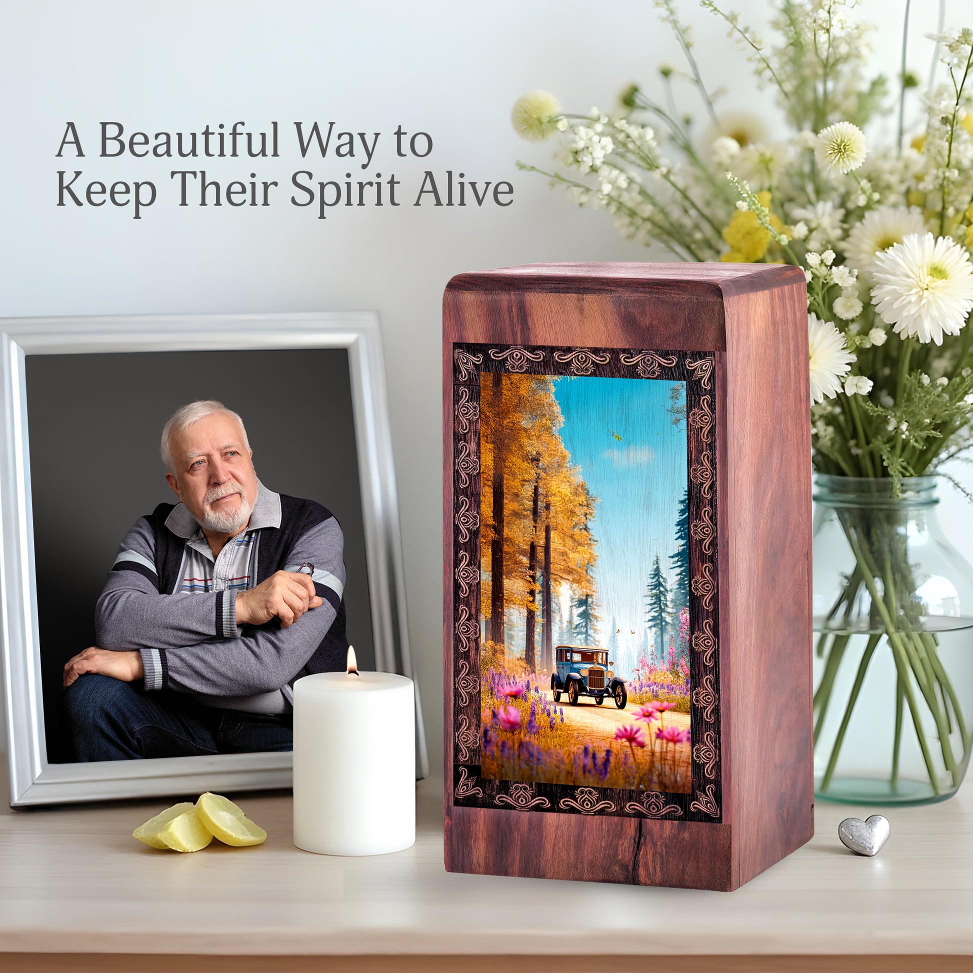 Classic Car Memorial Urn For Ashes - Forest Theme Wooden Cremation Urn For Male