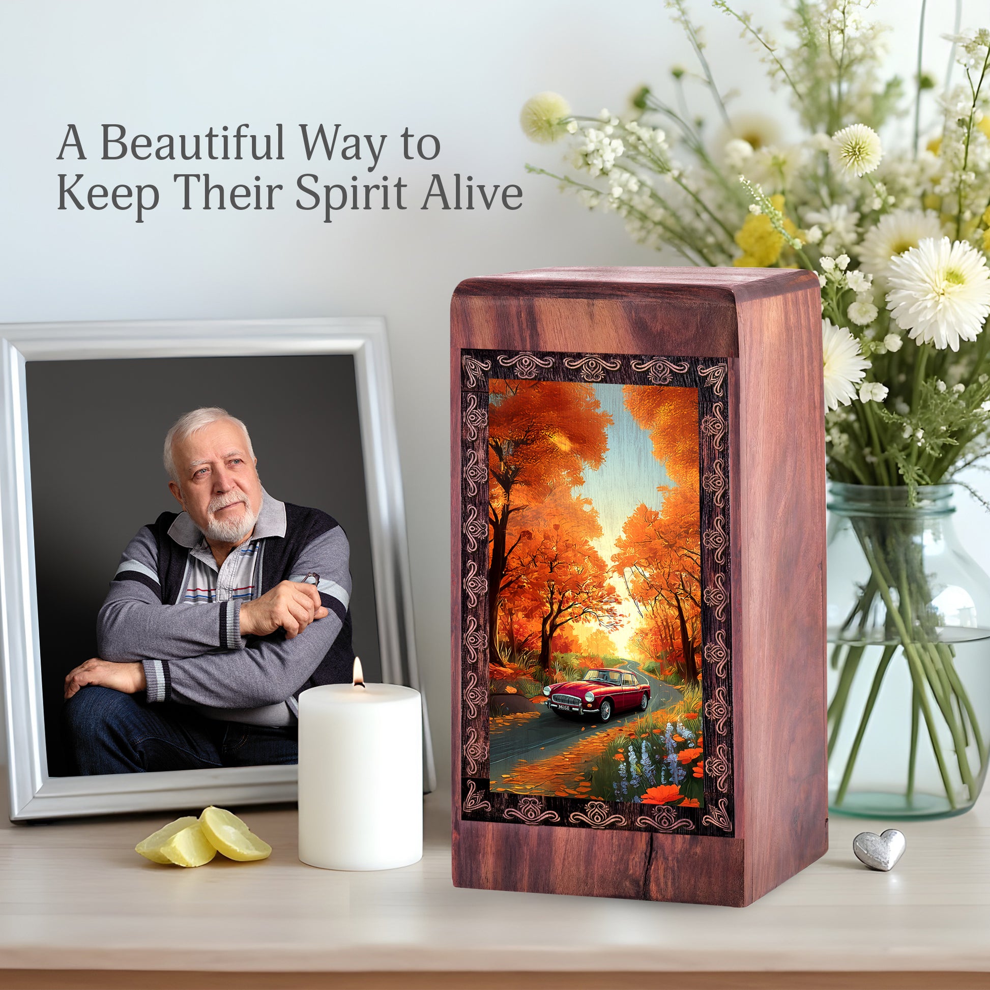Luxury Wooden Cremation Car Urn - Autumn Memorial Theme For Human Adults